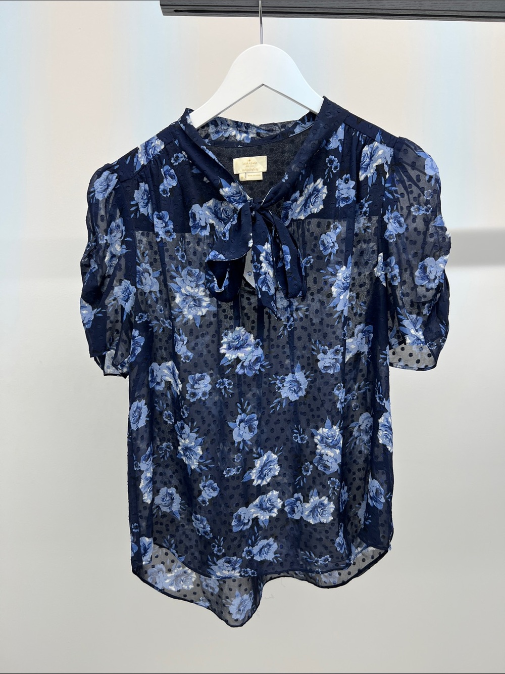 Kate Spade Navy Sheer Floral Tie-Neck Blouse